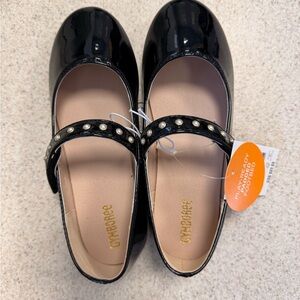Girls Black Patent Mary Jane Flats with Pearl Strap